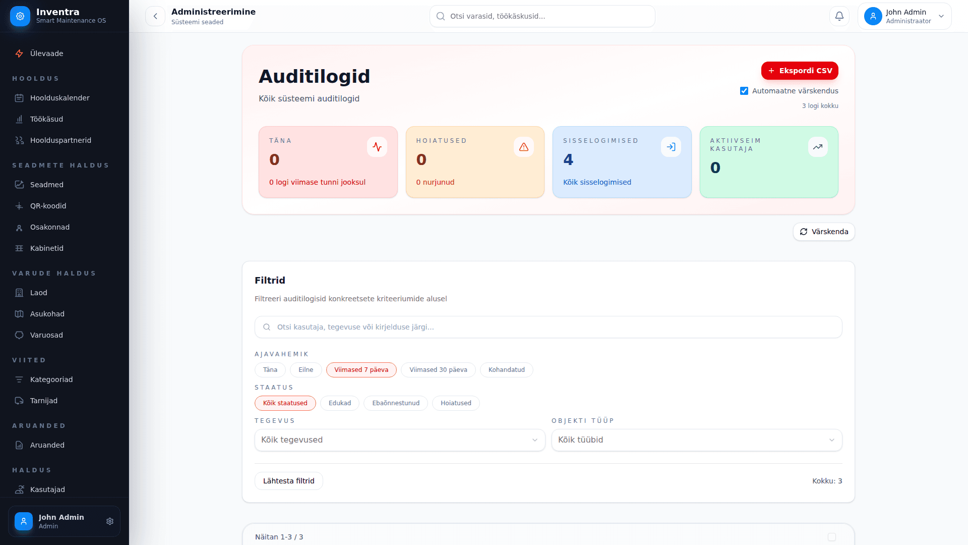Inventra security and admin controls
